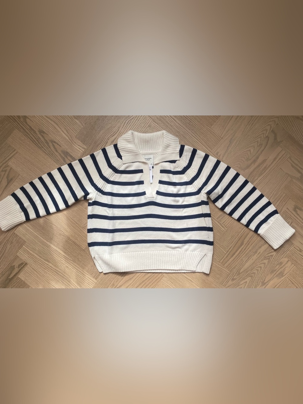 Abercrombie & Fitch Cream Sweater with Navy Stripes and Half-Zip Collar